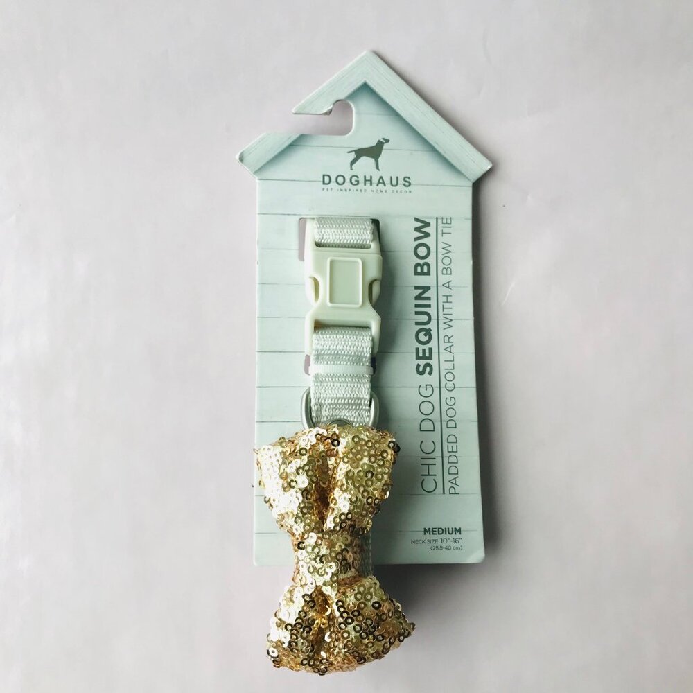 DOGHAUS Chic Sequin Bow  Padded dog Collar w Bow tie Holiday Size: M